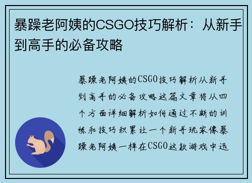 暴躁老阿姨的CSGO技巧解析：从新手到高手的必备攻略